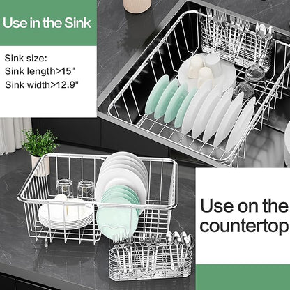 SwetLao Large Sink Dish Drying Rack, Expandable 304 Stainless Steel Metal Dish Drainer Rack Organizer Shelves with Stainless Steel Utensil Holder Over Inside Sink, Rustproof