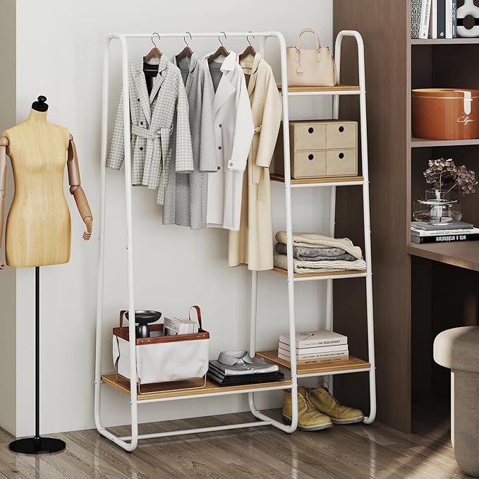 COSTWAY Clothes Rack with Shelves, Heavy Duty Garment Rack with Hanging Rod, 5-tier Shelves, Adjustable Foot Pads, Closet Organizer, Freestanding Wardrobe Clothing Racks for Hanging Clothes (White)
