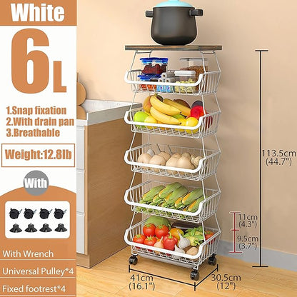 MURRI&MURRDI Fruit Vegetable Storage Basket with Wooden Lid, 6 Tier Stackable Kitchen Cart with Wheels, Tall Produce Snack Racks Display, Narrow Rolling Cart for Pantry Onion Potato, White