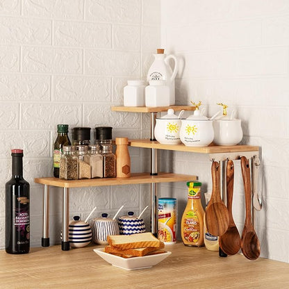 HYNAWIN Bamboo Countertop Shelf Storage Spice Rack, 3 Tier Desktop Shelves Space Saving Organizer, Adjustable Rack