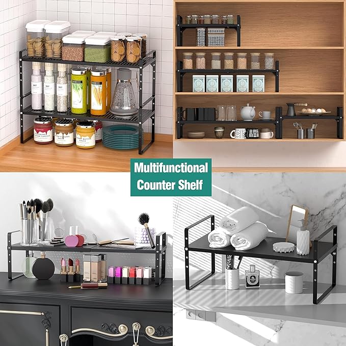 Expandable Cabinet Shelf Organizer Rack, Stackable Kitchen Counter Storage Shelves Stand, Adjustable Height Pantry Shelf Spice Rack, Heavy Duty Nonslip Black Large 3Pack