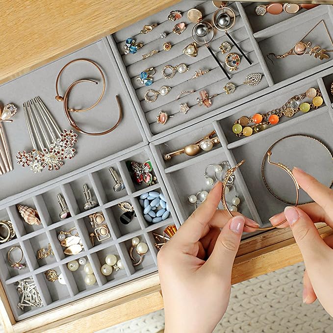 SPAKOWN Jewelry Drawer Organizer Inserts Set of 8, Small Stackable Jewelry Tray with Removable Dividers for Earrings Necklaces Rings Bracelets (Grey)