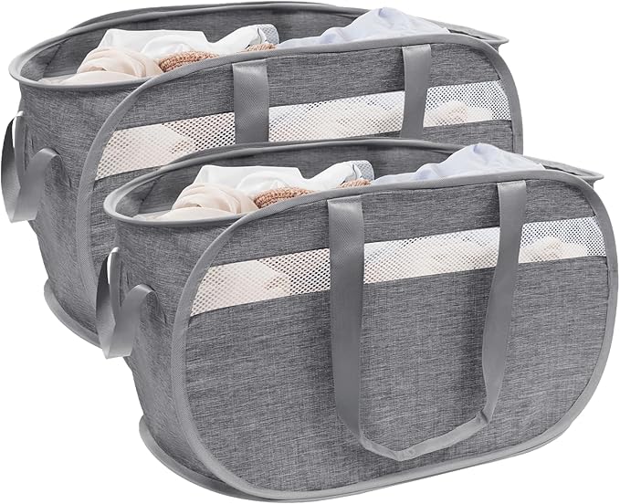 Collapsible Laundry Baskets, Foldable Tear Proof Pop Up Hamper with Reinforced Carry Handles, Durable Laundry Hamper for Home, Laundry, Bathroom, Dorm or Travel (Grey,2 Pack)