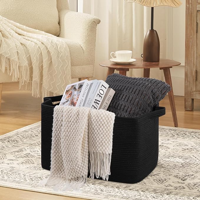 95L Large Blanket Basket, Black Blanket Storage Living Room, Rectangle Woven Baskets for Storage Toys, Towels, Dirty Clothes Organizer Bins (Black)