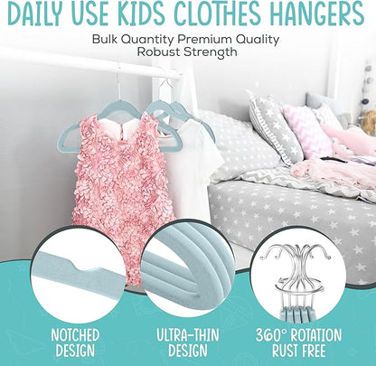 TechZoo 50 Premium Kids Velvet Hangers - 14" Non-Slip Ultra Slim Space-Saving Clothes Hangers with 360° Swivel Hook - Strong & Durable Hangers for Children & Preteens Wardrobe - Blue