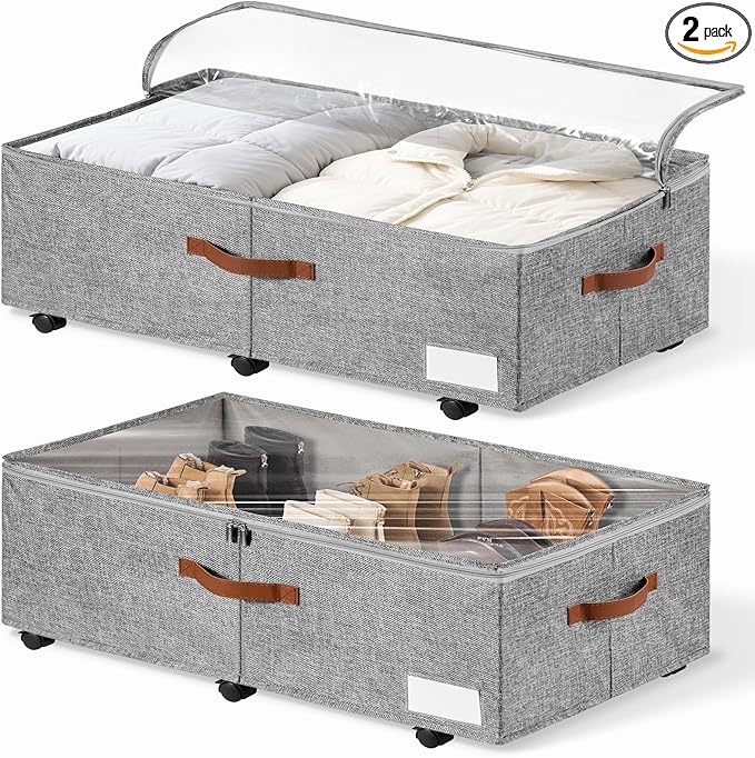 KitHero 60L Large Under Bed Storage with Wheels Pack of 2, Underbed Shoe Container Bin with Clear Lid Cover, 10.5 Inches Rolling Under Bed Drawer Storage Bag Basket for Boots Quilt Sweater - Grey