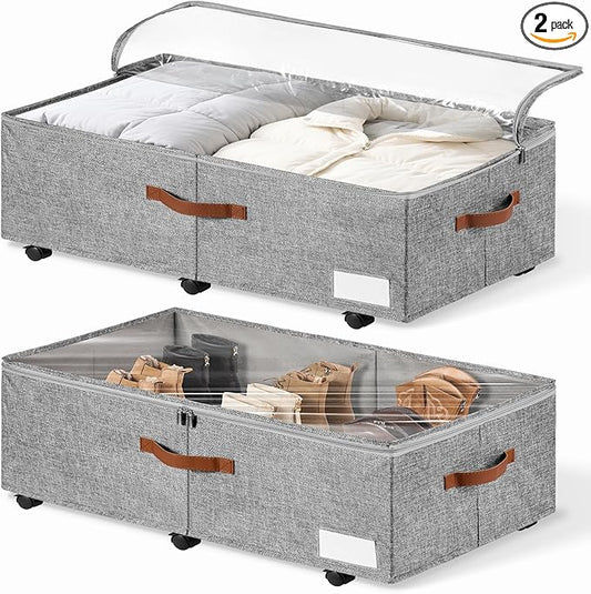 KitHero 60L Large Under Bed Storage with Wheels Pack of 2, Underbed Shoe Container Bin with Clear Lid Cover, 10.5 Inches Rolling Under Bed Drawer Storage Bag Basket for Boots Quilt Sweater - Grey