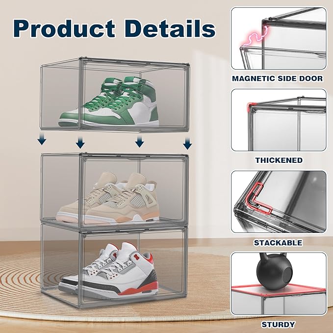 EZJOB 4 Pack Pure Organizer for Closet, Acrylic Shoe Box Size 14, Clear Display Case Handbag Organizer Shoe Box with Lid