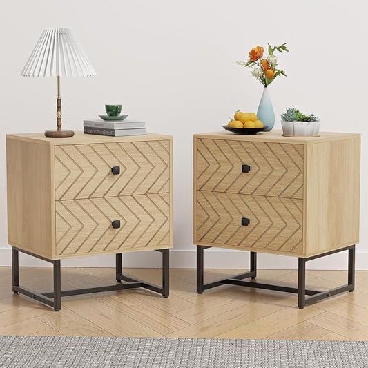 HOCAT Modern Nightstand Set of 2,Morden Night Stand with 2 Drawers,End Tables with Storage,Bedside Tables for Bedroom,Oak