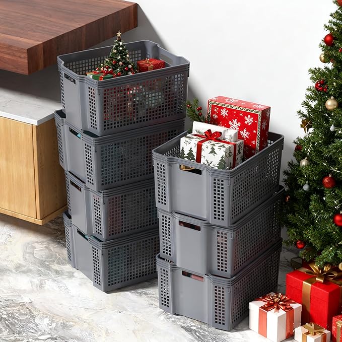 12 Pack Large Plastic Stackable Baskets Organizer, Grey Stacking Storage Basket Bin for Pantry, Shelves