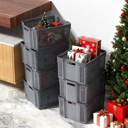 12 Pack Large Plastic Stackable Baskets Organizer, Grey Stacking Storage Basket Bin for Pantry, Shelves