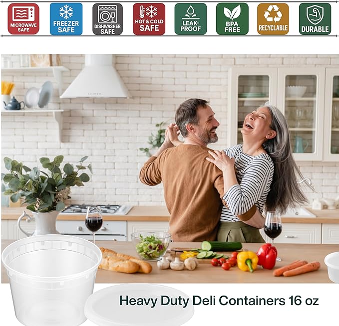 ProTakeOut 16oz [50 set] Heavy Duty Plastic Deli Container | BPA-Free Food Storage with Airtight Leak‑Proof Lids | Microwave, Freezer & Dishwasher Safe – Stackable, Bulk Reusable Soup & Meal Prep Tub