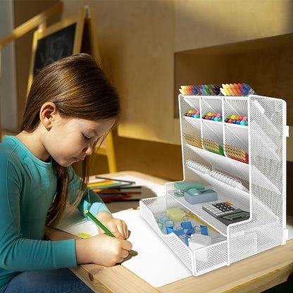 Pen Organizer for Desk, Multi-Functional Desk Organizer, Wall Mount Pen Holder with Drawer for School, Office, Home, Art Supplies, White