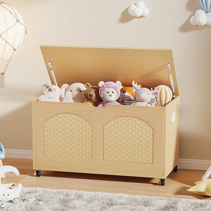 Storage Chest, Rattan-Style Toy Storage Bench with Lid and Wheels, Square Storage Trunk for Entryway, Bedroom, Living Room(Wood)