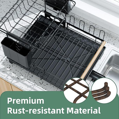 Vathingood 2 Tier Dish Drying Rack, Drying Rack with Automatic Drainboard, Dish Racks for Kitchen Counter, Rustproof Dish Drainer with Removable Utensil Holder, Cups Holder, Black