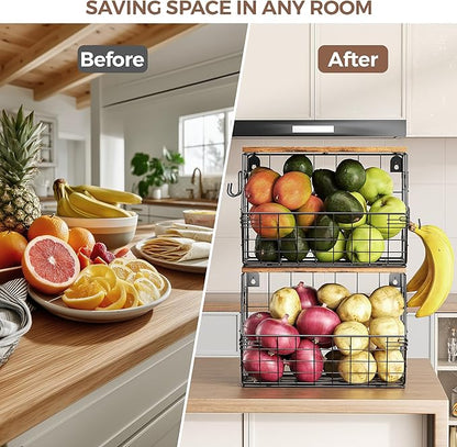 Delamu Stackable Metal Fruit Basket with Wood Lid 2 Pack, Hanging Wall Organizer for Kitchen Counter, Pantry Storage for Onions, Potatoes, Garlic, Fruits, Spices, Black