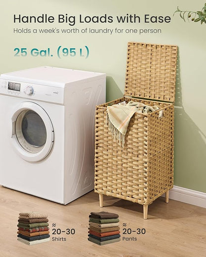 SONGMICS Laundry Hamper with Lid, PE Rattan Laundry Basket with Removable Liner, Storage Basket for Bedroom Living Room, 25 Gallons (95 L), Goose Yellow ULCB221YE01