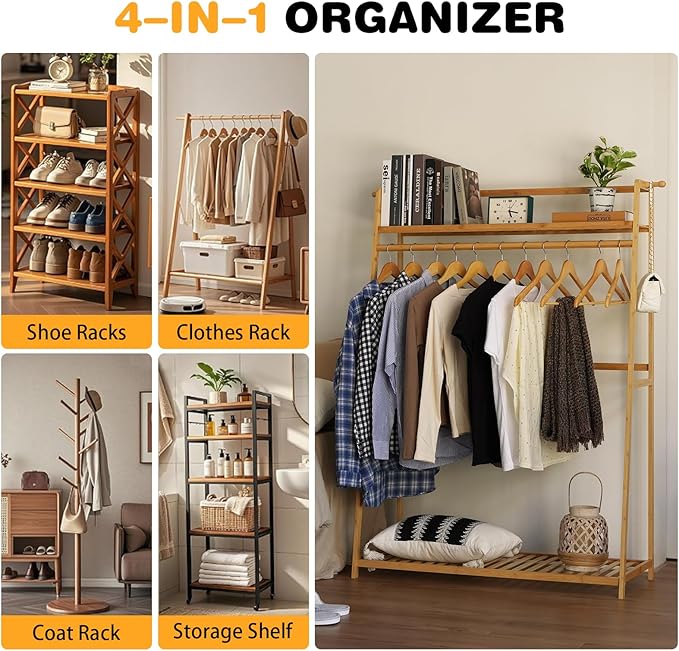 Bamboo Clothing Garment Rack 2 Tier Storage Shelf Coat Clothes Hanging Rack, Portable Wardrobe Closet Organizer With Top Shelf, Shoe Storage Shelves for Bedroom (Natural - 39.37 in)