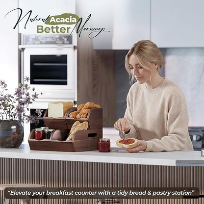 Acacia Wood Pantry Storage Bins - Stackable Open Front Kitchen Baskets with Airflow Vent for Potato, Onion, Fruit, Vegetable, and Bread Storage, Wood Organizer for Pantry and Countertop