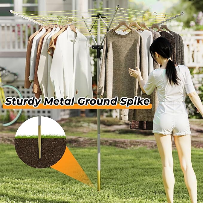 tonchean 165 Feet Outdoor Umbrella Drying Rack, 4-arm Rotary Umbrella Clothesline for Laundry Adjustable Height Rotary Dryer Collapsible Clothes Drying Rack with 12-Lines