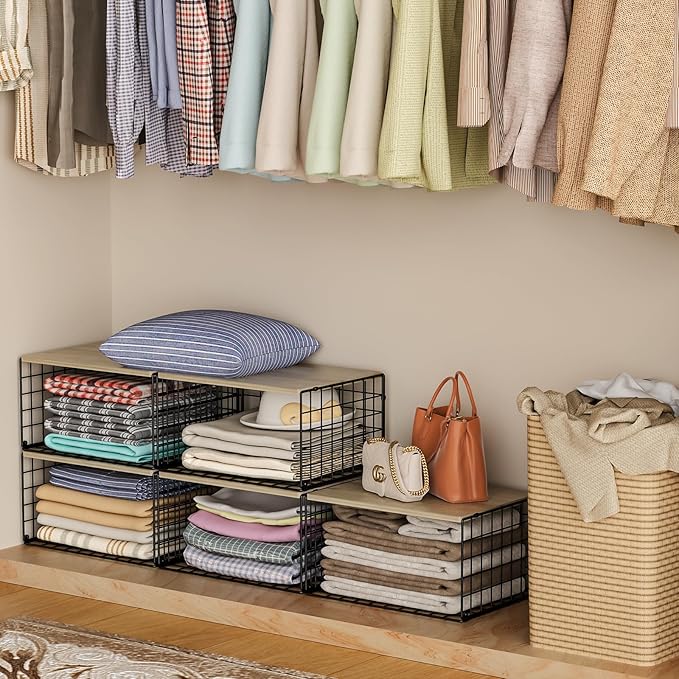 Wider Stackable Closet Organizers and Storage with Wood Top, 3 Pack Closet Shelf Organizer, Space-Saving Clothes Storage Bins for Wardrobe & Bedroom & Small Spaces, Sturdy Metal Black