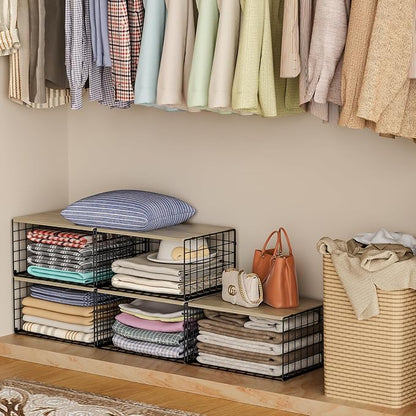 Wider Stackable Closet Organizers and Storage with Wood Top, 3 Pack Closet Shelf Organizer, Space-Saving Clothes Storage Bins for Wardrobe & Bedroom & Small Spaces, Sturdy Metal Black