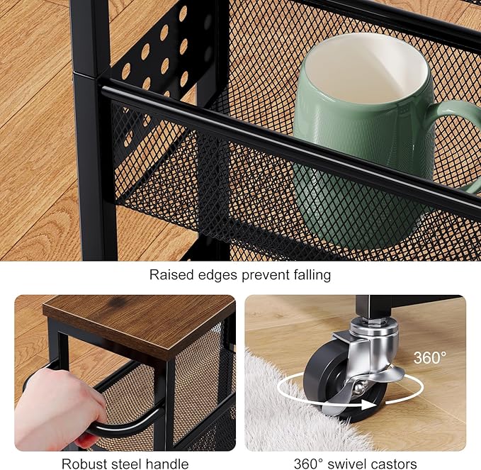 Utility Slim Storage Cart, 4-Tier Narrow Bathroom Organizer and Storage Cart, Metal Narrow Kitchen Laundry Room Organization Rack with Wood Top, Slim Rolling Shelf with Wheels for Small Space