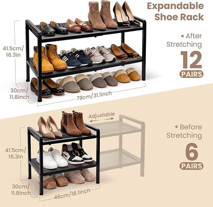 Varhomax Expandable Shoe Rack for Entryway, 2-Tier Adjustable Shoe Organizer, Sturdy Black Metal Storage Shelf for Closet, Apartment, Dorm, Small Spaces