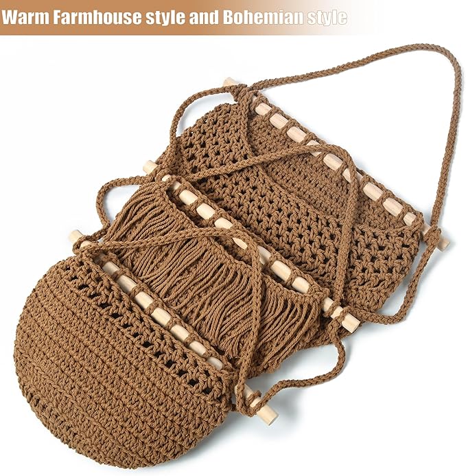 3 Tier Hanging Fruit Baskets for Kitchen, Boho Cotton Rope Handwoven Vegetable Hammock Produce Storage Wall Mounted Large Organizing Basket for Farmhouse Decor, Over The Door, Onion, Potato (Caramel)