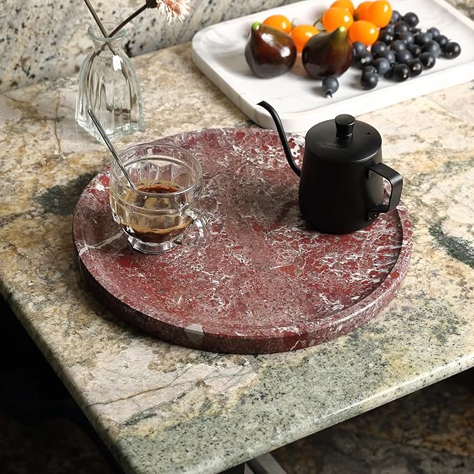 Natural Round Marble Tray, 11.7in Decorative Vanity Catchall Countertop Organizer for Jewelry Perfume Candles, Multi-Purpose Decorative Serving Tray - Rose Lepanto