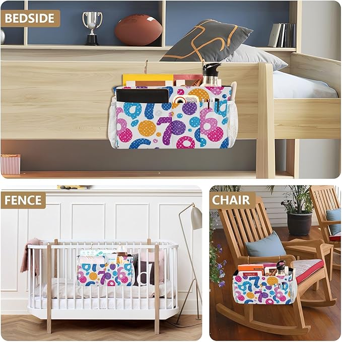 CuwrYet Bedside Caddy Hanging Bunk Bed Caddy Bed Organizer Hanging Pocket with 2 Hooks Bedside Storage Organizer Pocket Bag Holder Six Seven Flowers Colorful Polka Dots