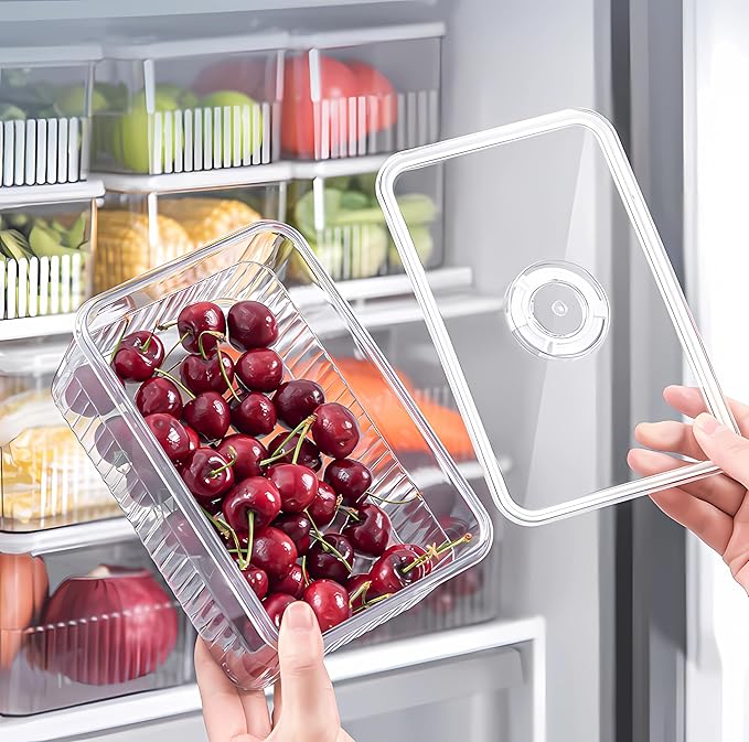 Huaqinglian Fridge Food Fruit Storage Container Bin with lid, Refrigerator food vegetable Organizer Fresh Keeper Container with timer lid Fruit Vegetables storage bin For fridge (0.9L+1.8L+3.4L)