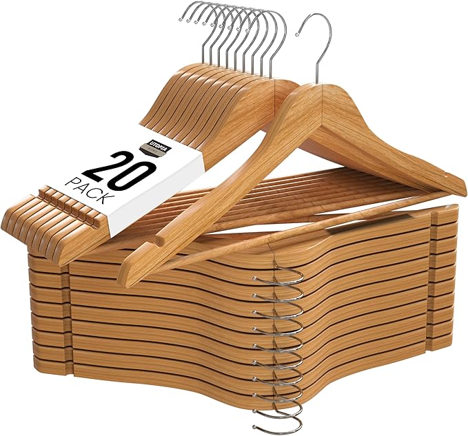 Utopia Home Premium Wooden Hangers 20 Pack - Heavy Duty & Durable Coat Hanger - Wood Hanger with 360-Degree Rotatable Hook - Clothes Hangers with Non-Slip Shoulder Notches For Shirts & Coats (Natural)