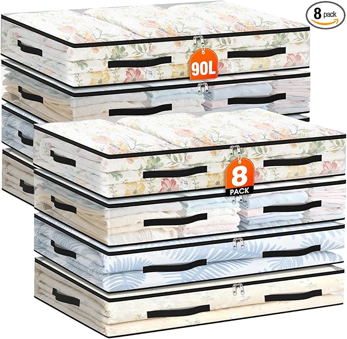 EdenDwell 8 Pack Under Bed Storage Bags, 90L Foldable Clear Storage Containers with Handles, Dual Zippers for Comforter, Clothes, Bedding, Linen Sheets, Sweaters, Blanket Storage