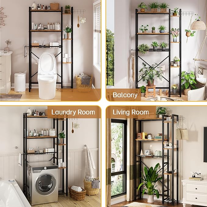 Insdiy Over The Toilet Storage with Side Shelf, 7 Tier Bathroom Organizer Rack with Paper Holder, Hooks and Basket, Freestanding Above Toilet Shelf for Laundry, Quick Interlock Install (Vintage Brown)