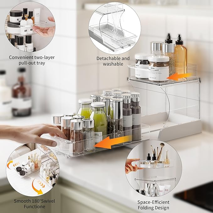 Attelite Under Sink Organizer, 2 Tier Pull Out Cabinet Organizer with 180° Rotating & Foldable Design, 2 Pack Sliding Drawers for Kitchen & Bathroom Storage, Fits Under Sink, Pantry, Cabinet