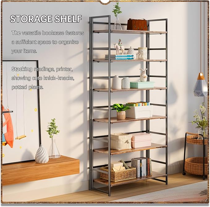 4NM No Assembly 6 Tiers Collapsible Book Shelves, 61.8" H Folding Bookshelf Bookcase Open Industrial Foldable Shelves for Bedroom, Living Room, Home Office - Rustic Brown Black