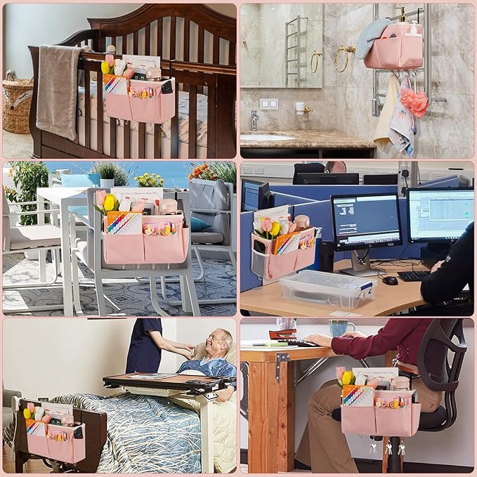 Frjjthchy Bedside Storage Organizer 5 Pockets with 4 Hooks Hanging Storage Bag for Headboards/Bunk Bed (Pink)