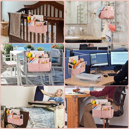 Frjjthchy Bedside Storage Organizer 5 Pockets with 4 Hooks Hanging Storage Bag for Headboards/Bunk Bed (Pink)