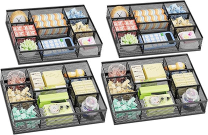Marbrasse 2 Pack Desk Drawer Organizer, Mesh Drawer Organizer Tray with 8 Adjustable Compartments, Desk Organizers and Accessories, 5 Dividers Drawer for Office Supplies, Makeup & Vanity (Black-2P)