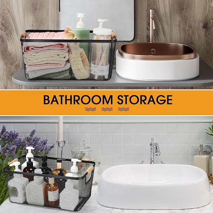 4 Pcs Metal Wire Basket with Wooden Handles Mesh Steel Storage Organizer Bin Containers for Home Cabinet Pantry Closet Kitchen Fridge Fruit Makeup Snacks Gifts (Extra Large,Black)