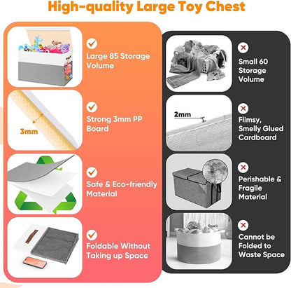 Large Toy Box, Collapsible Sturdy Storage Chest With Lids, Kids Toy Chest Storage Organizer Toddler Bin Boxes for Living Room, Bedroom, Nursery, 25"x13"x16", White & Gray