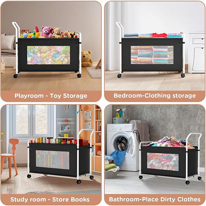 KEEGH Extra Large Toy Box for Kids with 360° Rotating Wheels, Heavy Duty Toy Chest for Boys and Girls, Toy Storage Organizer for Kids, Toy Bins for Living Room, Nursery, Bedroom(Black)