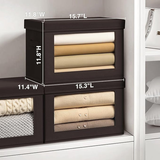 Stackable Storage Bins with Lids - Large Storage Box with Lids, Foldable Closet Boxes for Organizing, Wardrobe Clothes Organizer with Window, Cubes Bins for Living Room, 6 Pack, Brown