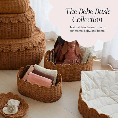 BEBE BASK Scalloped Wicker Hanging Basket - The Original Wicker Wall Decor - Hand Woven Wall Basket - Home Décor Wall Hanging Basket - Wall Storage Basket for Nursery, Living Room and Bathroom (Mocca)