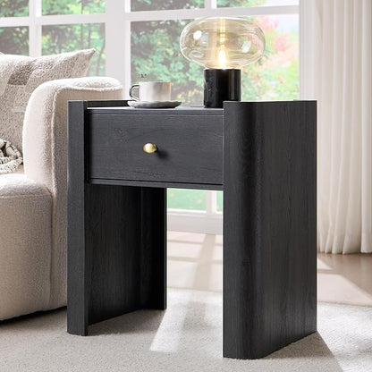IFGET 23.6" Tall Modern Nightstand with Charging Station, 22" Wide Curved Bedside Table with 1 Storage Drawer, Wooden Night Stand, Large End Table for Bedroom, Living Room, Dark Grey