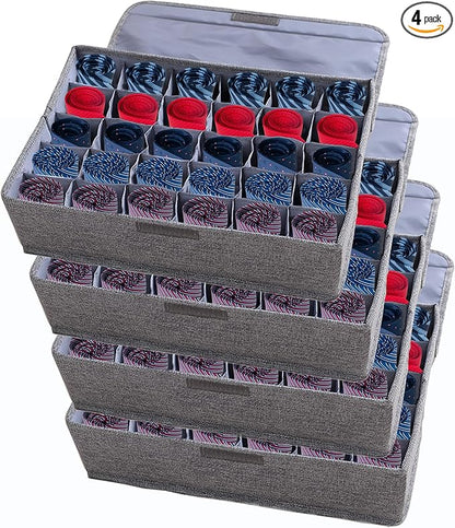 AARAINBOW 4 Packs Underwear Socks Ties Storage Organizer with Lids Foldable Closet Drawer Organizer 120 Cells, Fabric Wardrobe Divider Storage Boxes for Scarves and Lingerie (30 Cell, 4 Gray)