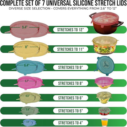 Reusable Silicone Stretch Lids for Food Storage in Fridge - Elastic Heat-Resistant Bowl Covers, Cups, Cans, Jars - Universal Food Grade Lid for Round and Rectangle Containers - 7 Pack - Multicolor