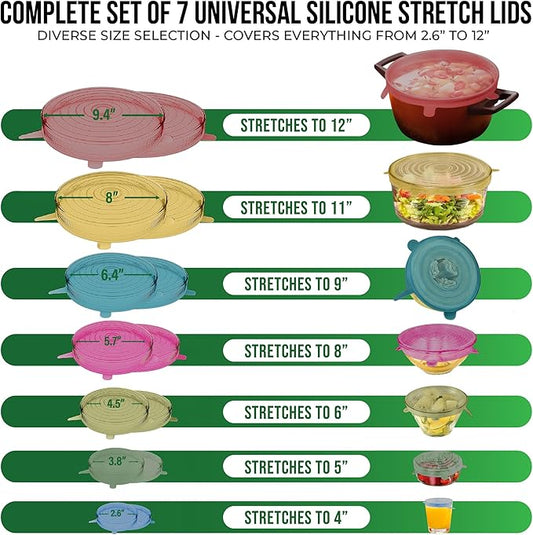 Reusable Silicone Stretch Lids for Food Storage in Fridge - Elastic Heat-Resistant Bowl Covers, Cups, Cans, Jars - Universal Food Grade Lid for Round and Rectangle Containers - 7 Pack - Multicolor