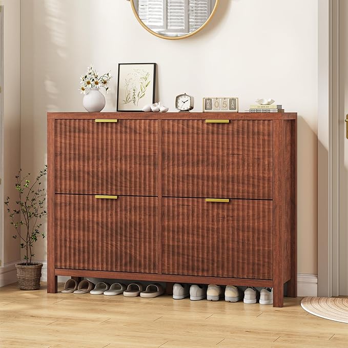 YOMILUVE Shoe Cabinet Storage for Entryway, Fluted Walnut Shoe Cabinet with 4 Flip Drawers, Hidden Shoe Rack Freestanding Wooden Shoe Organizer with Legs for Hallway